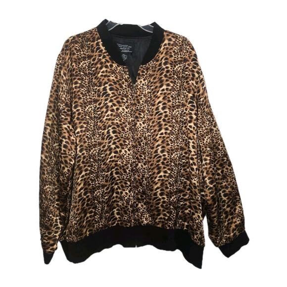 Women’s Leopard Print Bomber Jacket Zip Up Animal Print Coat Size 3XL Silk - Picture 2 of 12